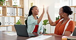 Black woman, team and high five with laptop at startup, happy and funding for proposal at company. African people, excited and motivation with pc for success, goals or celebration at creative agency