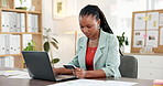 Black woman, laptop and online shopping with credit card for payment, banking or app in office. Female person, employee or shopper with debit on computer for virtual purchase or order in workplace