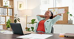 Relax, stretching and laptop with business black woman for proposal success, completed deadline and research. Project approval, satisfaction and creative startup with person in office for good news