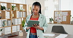 Black woman, tablet and scroll at startup, office and review with checklist for research at media company. African person, tech and click with app, insight or solution for project at creative agency
