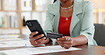 Hands, credit card and phone at office for online shopping, sale and fintech for bills at media company. Person, smartphone and digital banking for easy payment, scroll or discount at creative agency
