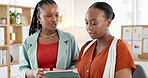 Planning, tablet and talking with business black women for campaign research, team and schedule. Press release idea, branding advisor and project timeline with people in media agency for discussion