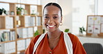 Face, business and black woman laughing in office for career pride, about us and publication agency. Portrait, female journalist and happiness for news reporting, job development and copywriting

