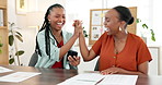 High five, smile or women with phone in office, collaboration or catch up in social media gossip. Digital, conversation and employee in agency with laughter, bonding and discussion on colleagues post
