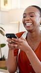 Black woman, laughing or typing in office with phone for text message, online meme and conversation. Person, scroll and smile in workplace with tech for mobile app chat, funny communication and joke.