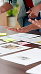 Hands, people and meeting with sticky note in office for marketing, planning and project budget. Staff, explain and documents for brainstorming, tasks reminder and advertising ideas and data analysis