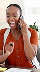 Paperwork, business woman or excited with phone call for campaign success, new client or achievement. Marketing manager, contact and black person with good news in office for budget approval or sales