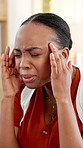 Financial advisor, stress and black woman with headache, pain and burnout in workplace. African person, investor and employee in office, migraine and overwhelmed with brain fog, tired or fatigue