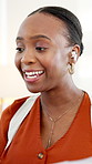 Video call, talk or black woman in office with earphones, networking or feedback in client chat. Digital, paper or consultant in agency with tech, online meeting or report update for stakeholder.