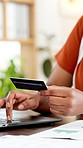 Woman, hands or laptop with credit card for ecommerce, payment or virtual banking in office. Closeup, female person or computer with debit or app for online shopping, wireless transaction or purchase
