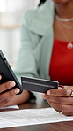 Woman, hands and phone with credit card for online shopping app or payment in office. Closeup, female person or shopper with debit or mobile smartphone for ecommerce, purchase or wireless transaction