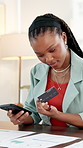 Black woman, phone and banking with credit card in office for online shopping app or payment. Female person, shopper or user with mobile smartphone for debit, virtual purchase or wireless transaction