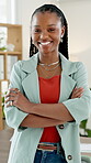 Arms crossed, face and creative with business black woman in office for about us, branding advisor and pride. Happy, confidence and campaign startup with portrait of female person as entrepreneur