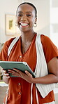Tablet, face and creative with business black woman in office for about us, branding advisor and pride. Happy, confidence and campaign startup with portrait of person in media agency as entrepreneur