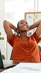 Stretch, black woman and laptop in office for relax, smile and complete project for accountant. Happy, person and done with financial report on graphs for rest and finished deadline on computer