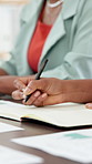 Business people, hands and writing with notebook for meeting minutes, notes or schedule planning. Group, team or employee with diary for project reminder, administration or agenda with graphs