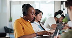 Woman, students and headphones with laptop in library for education, studying and listening to music. People, coworking and streaming podcast with digital, online learning and research for assignment