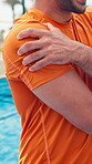 Athlete, hands and man with shoulder pain, court and discomfort of muscle tension and sports injury. Outdoor, tennis player and person with joint inflammation, pressure or sore with training accident