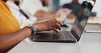 Laptop, hands and woman in classroom for studying, education or assignment at university. Computer, research and female student learning for college test or exam in lecture with scholarship at school