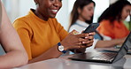 Hands, phone and texting with laptop, coworking and notification for deal in office at media company. Woman, smartphone and mobile app at startup with smile, feedback and project at creative agency