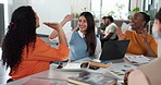 Women, high five and applause at startup in office meeting, excited and celebration with sales target. People, team and happy with support, success and congratulations for achievement at media agency