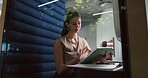 Employee, privacy and woman with tablet in booth, online and brand manager with research or browsing. Soundproof, cubicle and person with tech for ad campaign, creative and digital marketing in pod