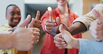 Business, hands and team with thumbs up in office for vacancy success, group vote and approval. HR people, hiring committee and yes emoji at workplace for candidate feedback, job opportunity or offer