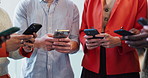 Business people, hands and communication with phone in huddle for network, data sync or sharing. Group, employees or team typing on mobile smartphone or app for connectivity, social media or chat