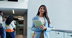 Thinking, walking and business woman in office ready for career opportunity, finance advisor and job. Professional, hallway and person with tablet, thoughtful and ideas for planning on commute