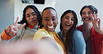 Business women, face and selfie with peace sign in office for photography, picture or memory. Portrait, female people or group of friends with smile or blowing kiss for capture moment together 