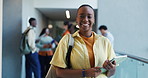 Laugh, university and face of woman in hallway ready for learning, education and knowledge. College, school and portrait of student with smile, confidence and studying for scholarship on campus