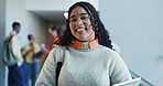 Happy, university and face of woman with books ready for learning, education and knowledge. College, school and portrait of student with smile, confidence and studying for scholarship in hallway