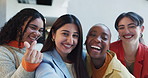 Face, women and happy for selfie, office and colleagues with peace sign, kiss and memory on website. Laughing, together and people with profile picture for social media, bonding or image with friends