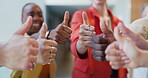 Business, hands and people with thumbs up in office for vacancy success, group vote and approval. HR team, hiring committee and yes emoji at workplace for candidate feedback, job opportunity or offer