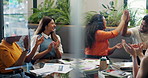 High five, documents and business people in meeting in office for project success, funding and applause. Teamwork, creative agency and workers celebrate for budget report, feedback and achievement