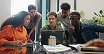Office, team and people with laptop, meeting and ad performance analysis on website or conversation. Business, brand specialist and colleagues with tech for social media marketing and collaboration