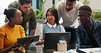 Meeting, creative and business people on laptop for online article, feedback and report for project. Teamwork, startup and workers on computer for research, website and   planning for submission