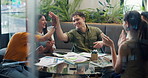 Applause, documents and business people in meeting in office for success, profit growth and good news. Teamwork, creative agency and workers high five for budget report, feedback and achievement