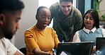 Office, team and people with laptop, discussion and ad performance on website, planning and meeting. Business, brand specialist and colleagues with tech for social media marketing and collaboration