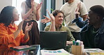 Happy people, laptop and applause with high five for teamwork, project success or achievement. Excited, group or employees clapping in celebration for promotion, bonus or business accomplishment