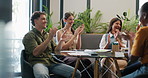 High five, creative and business people in meeting applause for project success, funding and good news. Teamwork, startup agency and workers celebrate for budget report, feedback and achievement