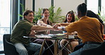 Happy people, meeting and team with hands together for success, mission or unity in office. Creative group, employees or applause with pile or stack for work goals, solidarity or synergy in workplace