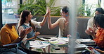 Startup, applause and business people in meeting high five for project success, funding and good news. Teamwork, creative agency and workers celebrate for budget report, feedback and achievement