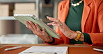 Hands, logistics and tablet with business woman in office for shipping agenda or schedule. App, clipboard and order tracking with employee person in distribution depot for supply chain management