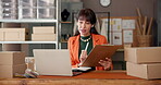 Video call, laptop and logistics with woman in warehouse for courier order, delivery confirmation and wave. Supplier checklist, virtual chat and ecommerce distribution with person in factory