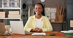Face, black woman and smile for fashion startup with career pride, about us and ecommerce. Portrait, female person and ambition with laptop, clothes logistics and inventory management for shipping