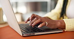 Hands, business and woman with laptop, typing and ecommerce with website info. Person, startup or entrepreneur in office, computer and internet with email for funding proposal, network and connection