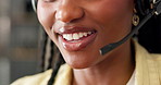 Smile, woman and mouth with headset in call centre for consultation, customer service and advice. Closeup, agent and talking with mic of online assistance, client inquiry and helping for tech support