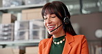 Headset, logistics and smile of woman in office for delivery, distribution or shipping support. Communication, help and supply chain with mature employee at work for assistance and parcel tracking