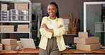 Face, ecommerce and happy with business black woman in warehouse for shipping, fashion retail and about us. Designer startup, clothing entrepreneur and arms crossed with person in cargo factory